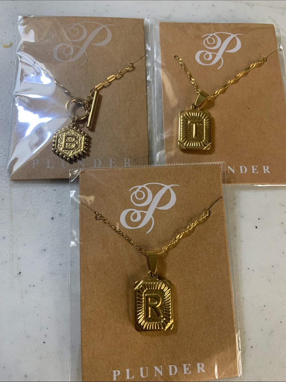 3- Plunder Gold Stainless Steel Initial Pendant Necklaces - R T B